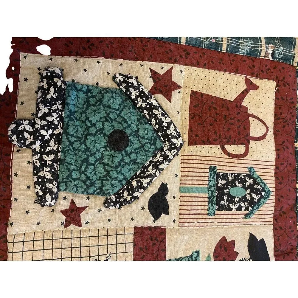 Set Of 3 Quilted Table Placemats With Country Birdhouse Design & Plaid Backing